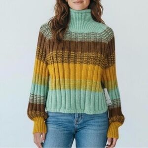 BDG Striped Turtleneck Sweater in Mint, Mustard & Brown